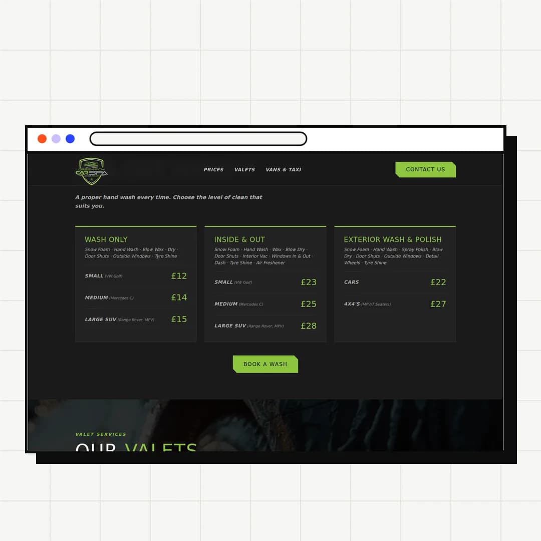 Greenwich Car Spa price list in a desktop browser
