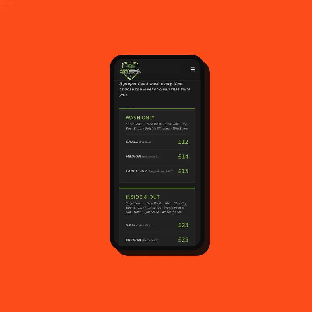 Greenwich Car Spa price list on a phone