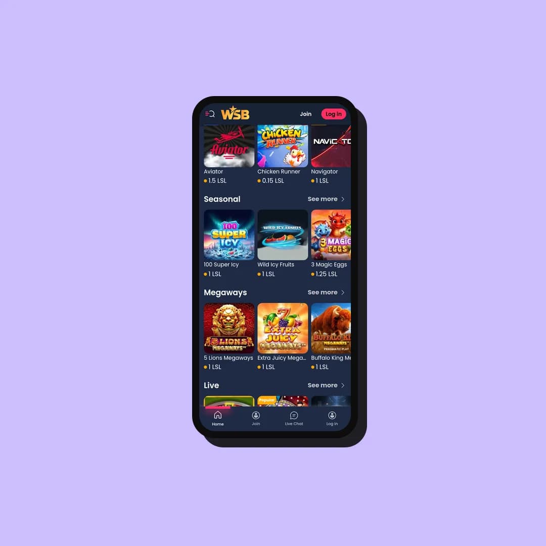 WS Casino Lesotho game lobby on a phone